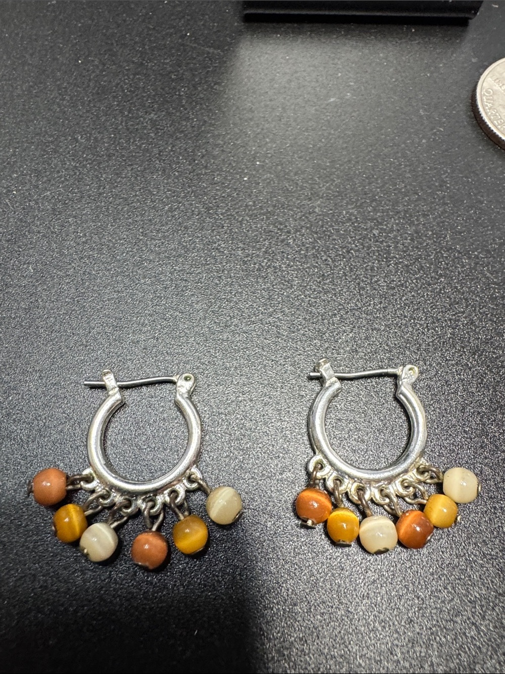 VTG Source Unknown Silver Tone Hoop Earrings with Orange, Yellow and Cream Beads